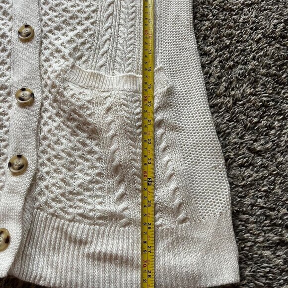 Pink Rose Cable Knit Cardigan Womens Large Cream Cottagecore Pockets - Picture 5 of 7